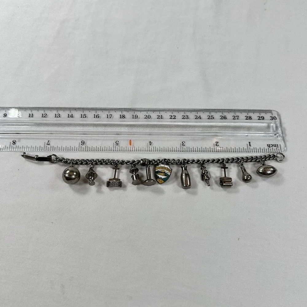 Vintage 1950 Charm Bracelet 11 Charms Travel Themed Silver Tone Clamp Soldier